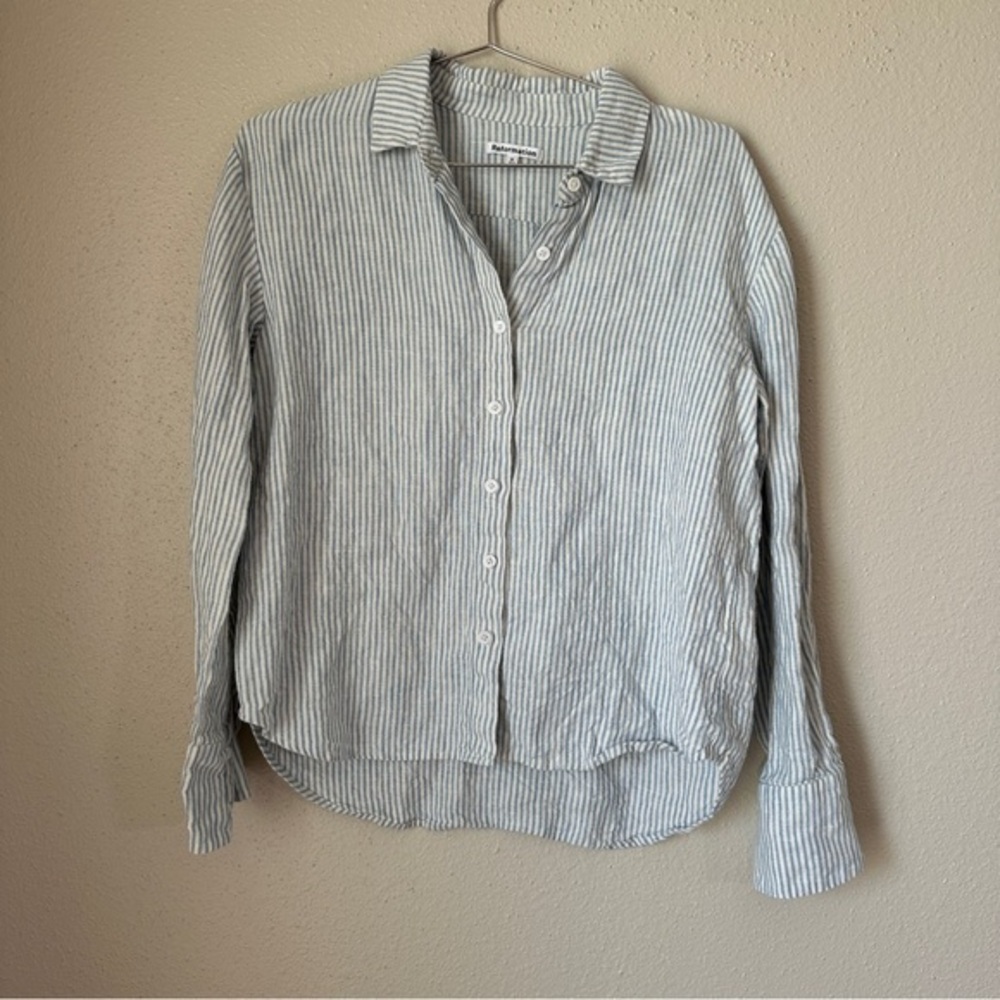 Reformation Striped Button-Down Shirt in Blue and White